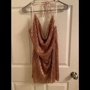 Sequin Rose Gold Cowl Neck Mini Dress